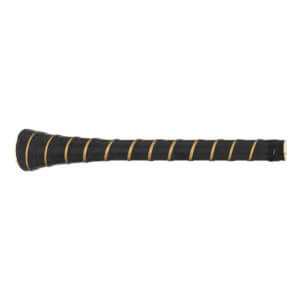 Side view of a black baseball bat with gold spiral grip tape.