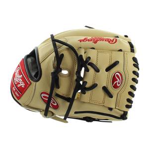 Side view of a tan baseball glove with black lacing and Rawlings branding.