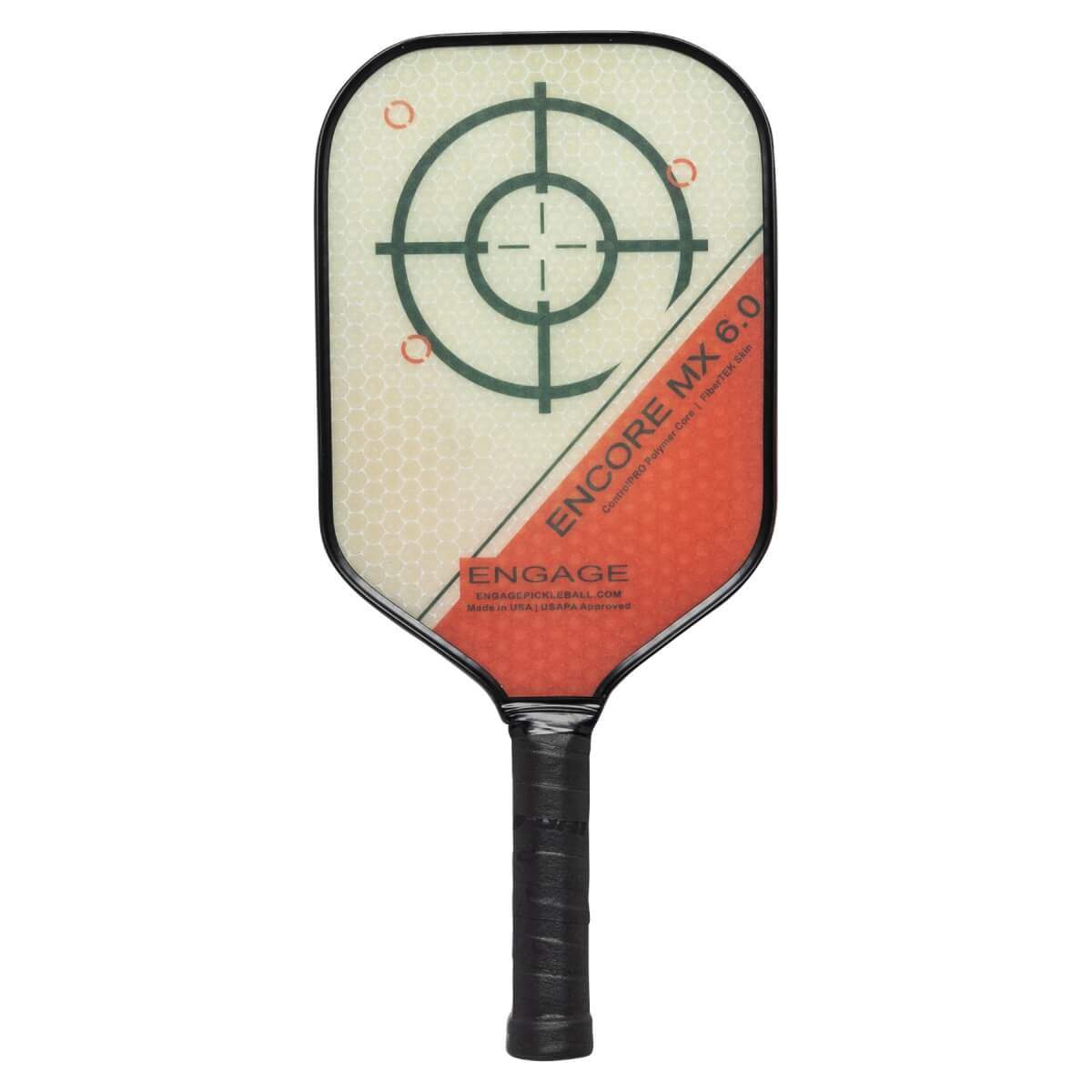 Front view of a white and orange pickleball paddle with a target design, ENCORE MX 6.0, and ENGAGE branding.