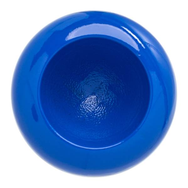 Top-down view of a blue baseball bat with a glossy cupped end and textured interior.