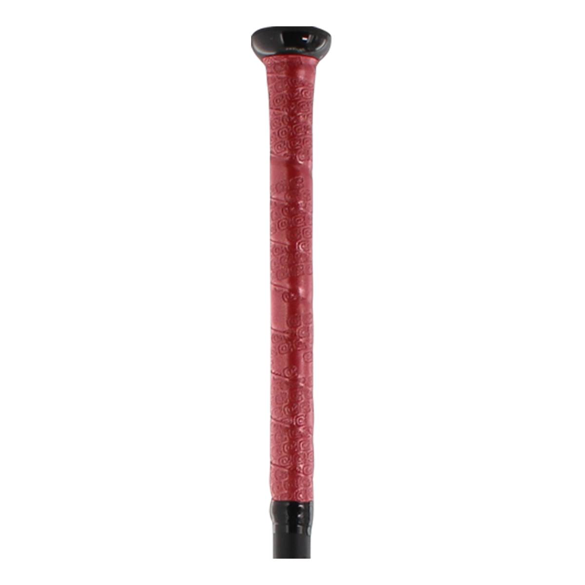 Close-up of a red softball bat grip with a black end cap and textured pattern.