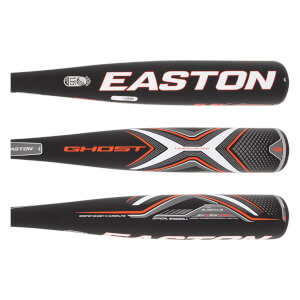 Three views of a black Easton Ghost X Hyperlite baseball bat with orange and white accents.
