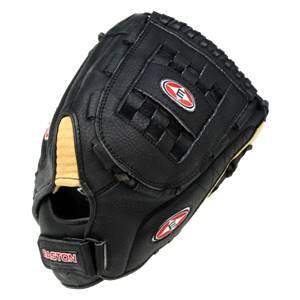 Top-down view of a black baseball glove with a woven web, red Easton logos, and tan padding.