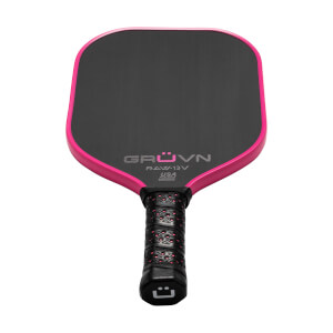 Front view of a black pickleball paddle with a pink edge, GRUVN RAW-13V text, and a textured grip.
