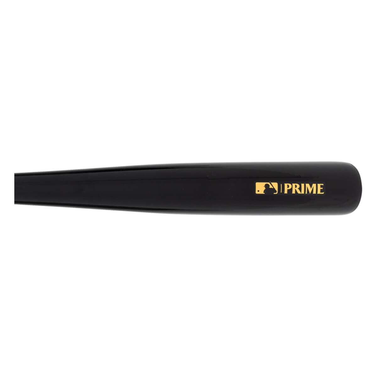 Side view of a black baseball bat with a glossy finish and gold MLB logo and PRIME text on the barrel.