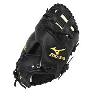 Corner view of a black Mizuno first base mitt with gold branding and a webbed pocket.