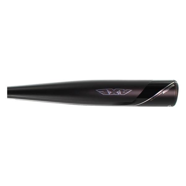 Side view of a black baseball bat with a silver AXE logo and HYPERWHIP text.