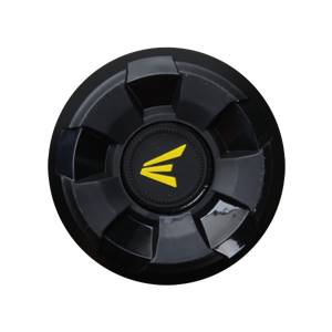 Top-down view of a black baseball bat end cap with a yellow Easton logo.