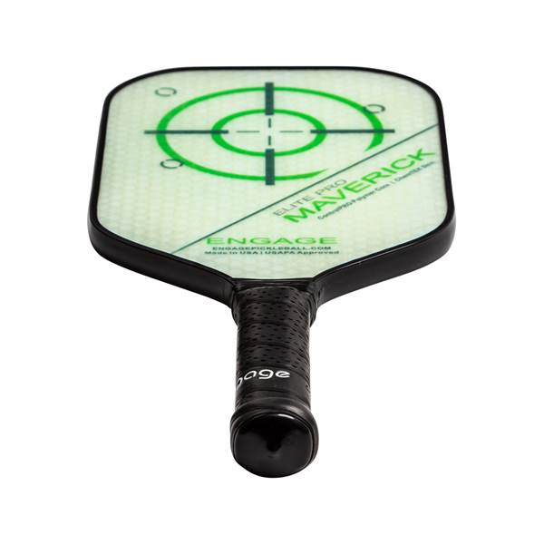 Top-down view of a white pickleball paddle with a green target design and Maverick text.