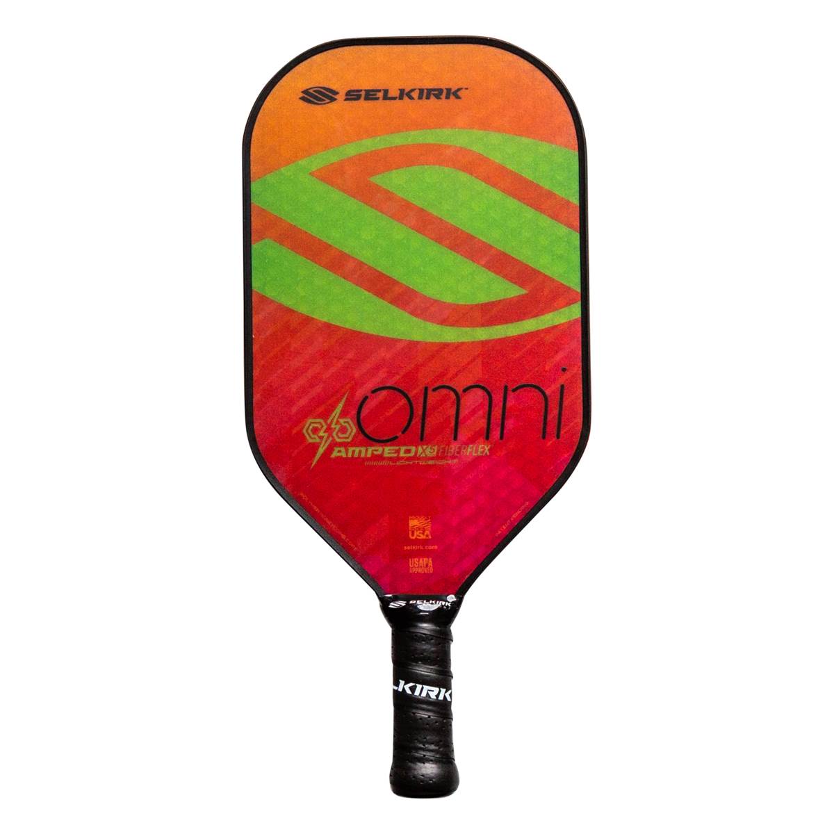Front view of a red and orange pickleball paddle with a green S-curve design, omni text, and Selkirk branding.