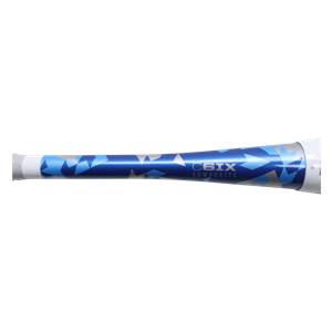 Side view of a blue baseball bat with a blue and silver geometric pattern and C6IX COMPOSITE text.