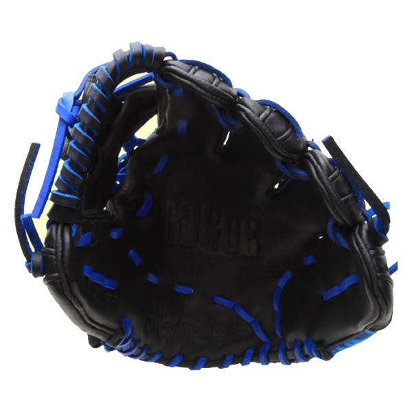 Front view of a black baseball glove with blue stitching and ROGUE embossed on the palm.