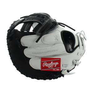 Front view of a black and white catchers mitt with Rawlings logo and THE GOLD GLOVE CO. text.