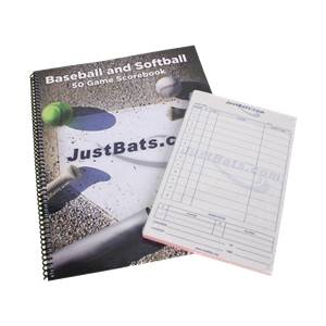Top-down view of a baseball and softball scorebook and notepad with JustBats.com branding.