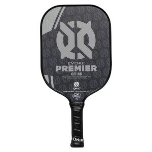 Front view of a black pickleball paddle with EVOKE PREMIER CT-16 text and a large grey logo.