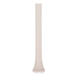 Side view of a white baseball bat with a flared knob and smooth barrel.