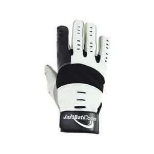 Top-down view of a black and white batting glove with mesh palm and JustBats.com logo.