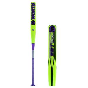 Front view of a lime green softball bat with purple grip and Worth EST Comp text.