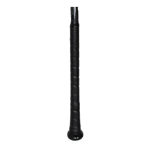 Close-up of a black baseball bat grip with a textured pattern and a black knob.