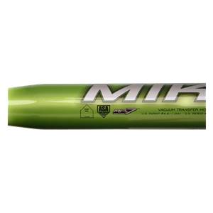 Side view of a green Miken softball bat with ASA certified logo and MEZ branding.