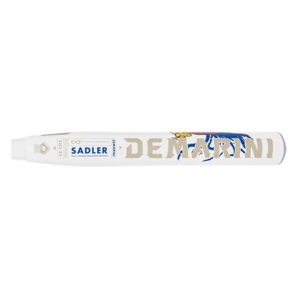 Side view of a cream softball bat with SADLER and tan DEMARINI text and a blue crab graphic.
