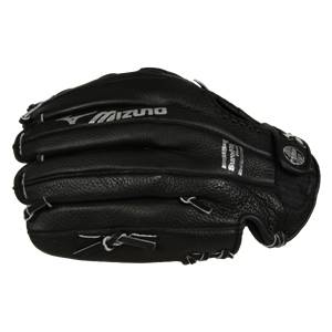 Side view of a black baseball glove with white Mizuno branding and SureFit text.