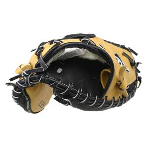 Top-down view of a tan and black catchers mitt with white lacing and a fur lining.
