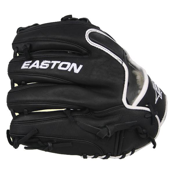 Front view of a black Easton baseball glove with white stitching and a white star logo.