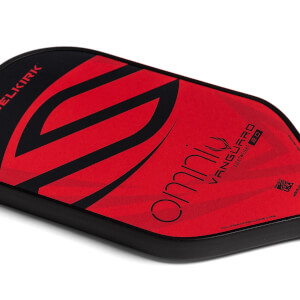 Corner view of a red and black pickleball paddle with omni VANGUARD 2.0 text and a honeycomb core detail.