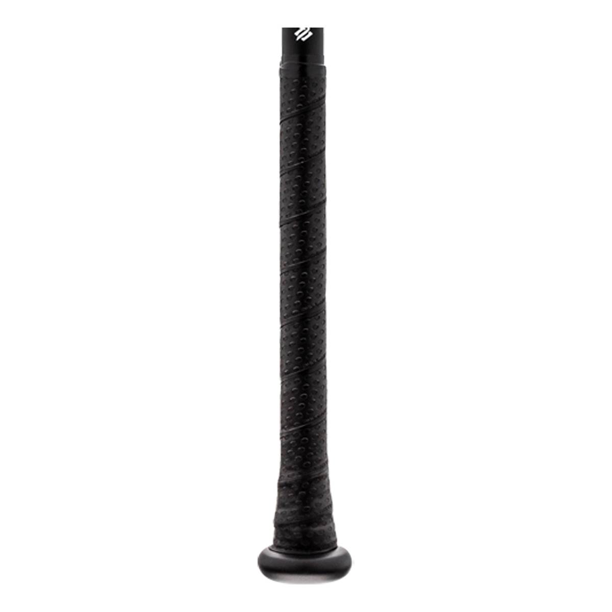 Close-up of a black baseball bat grip with a textured pattern and a white logo at the top.