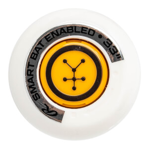 End view of a white fastpitch softball bat with SMART BAT ENABLED text and a yellow circular insert.