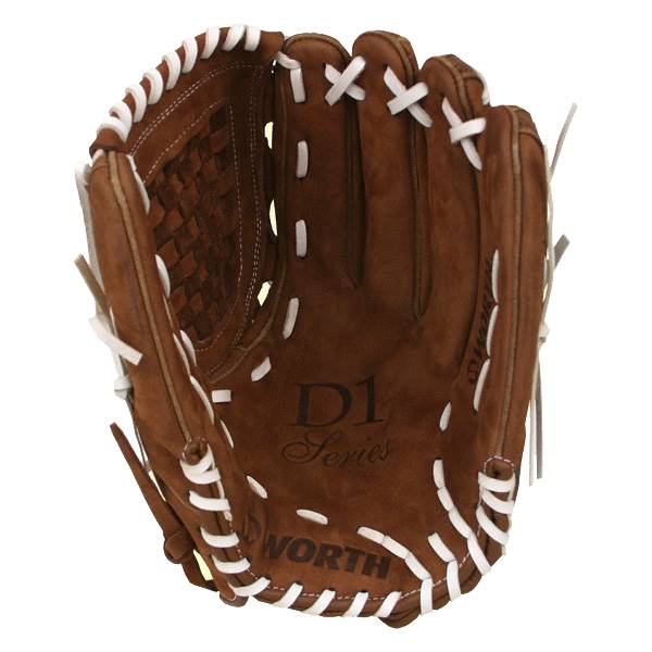 Top-down view of a brown baseball glove with white lacing and D1 Series and WORTH branding.
