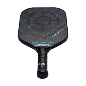Top-down view of a black pickleball paddle with a target design and POACH INFINITY text.