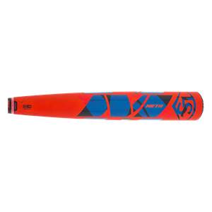 Side view of an orange baseball bat with blue geometric patterns and the word META.