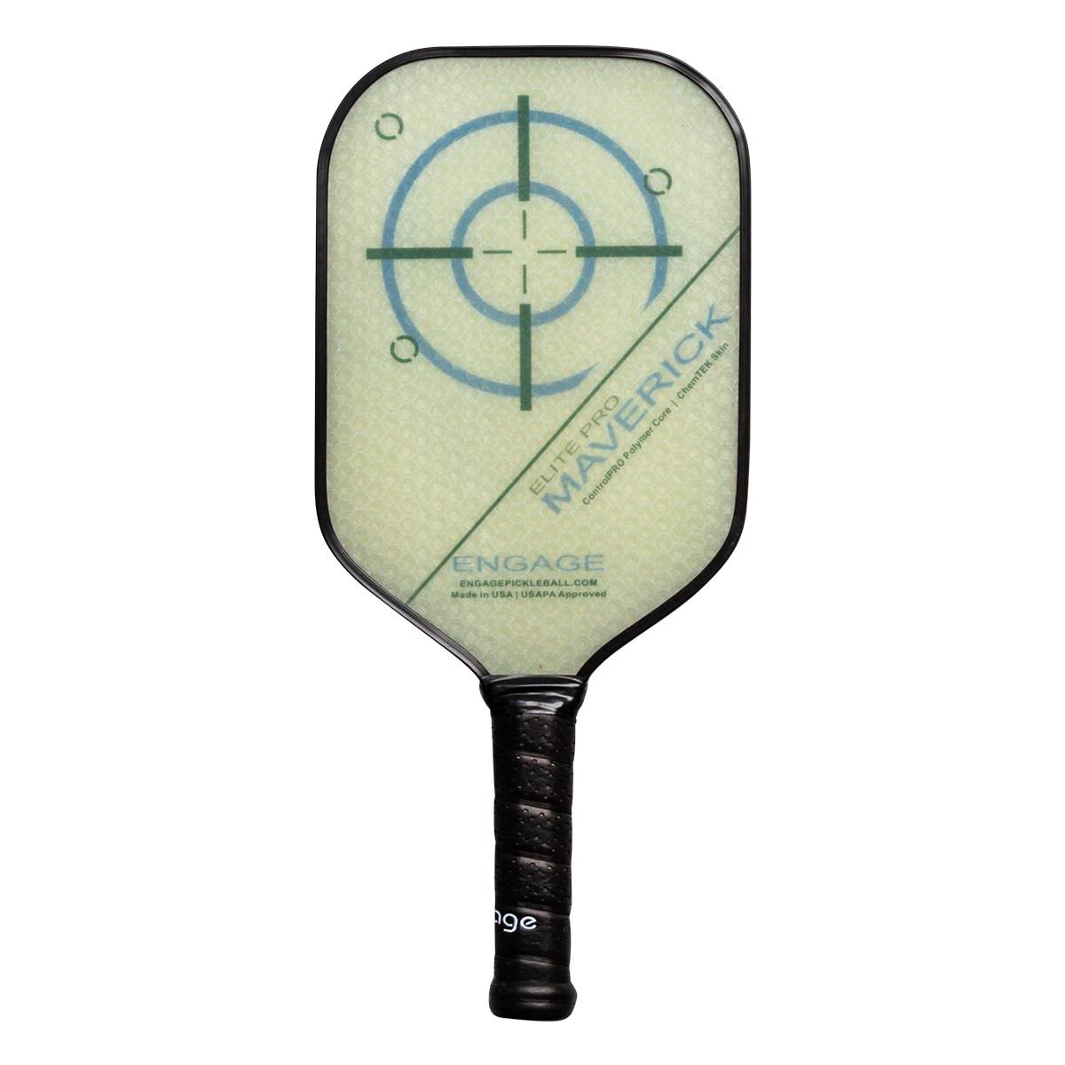 Front view of a light green pickleball paddle with a target design, Maverick text, and textured grip.