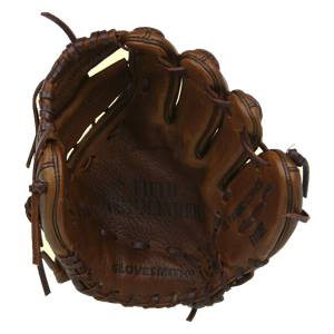 Top-down view of a brown leather baseball glove with FIELD COMMANDER and GLOVESMITHS embossed.