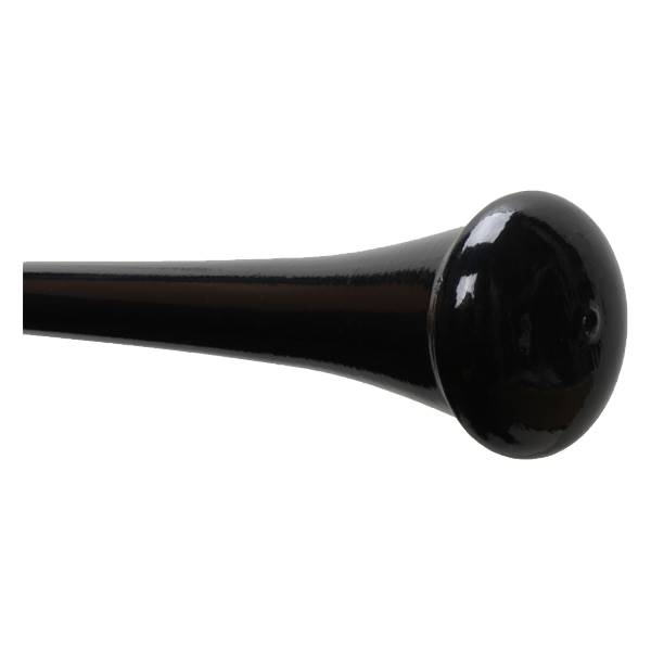 Side view of a black baseball bat with a rounded knob.