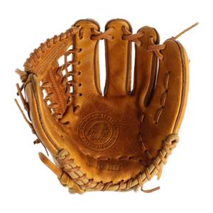 Front view of a tan leather baseball glove with TOP GRAIN LEATHER and AMERICAN MADE embossed on the palm.