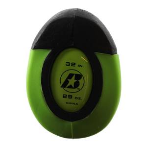 End cap view of a black and green baseball bat with 32 IN., 29 OZ., and CHINA text.