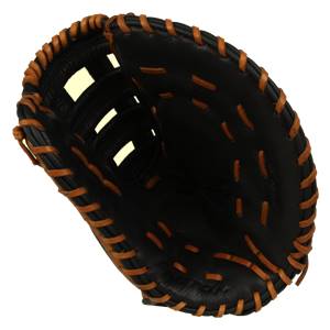 Interior view of a black softball mitt with tan lacing and finger stalls.