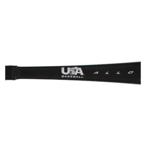 Side view of a black baseball bat with USA BASEBALL logo and ALLOY text.
