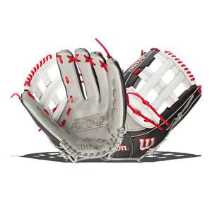 Top-down view of white and black softball gloves with red stitching and A2000 branding.