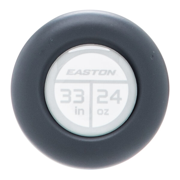 Top-down close-up of a dark gray softball bat end cap with a white insert showing Easton, 33 in, and 24 oz.