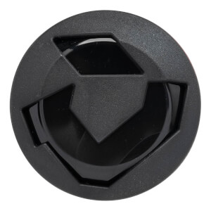 Top-down view of a black softball bat end cap with a textured outer ring and a glossy, geometric center design.