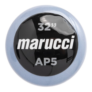End view of a light blue baseball bat with black cap showing 32, marucci, and AP5.