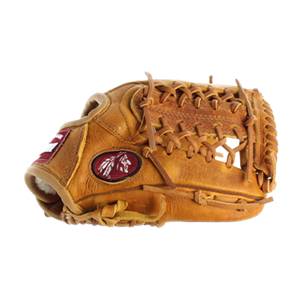 Side view of a tan baseball glove with a red and white Indian head logo and tan lacing.