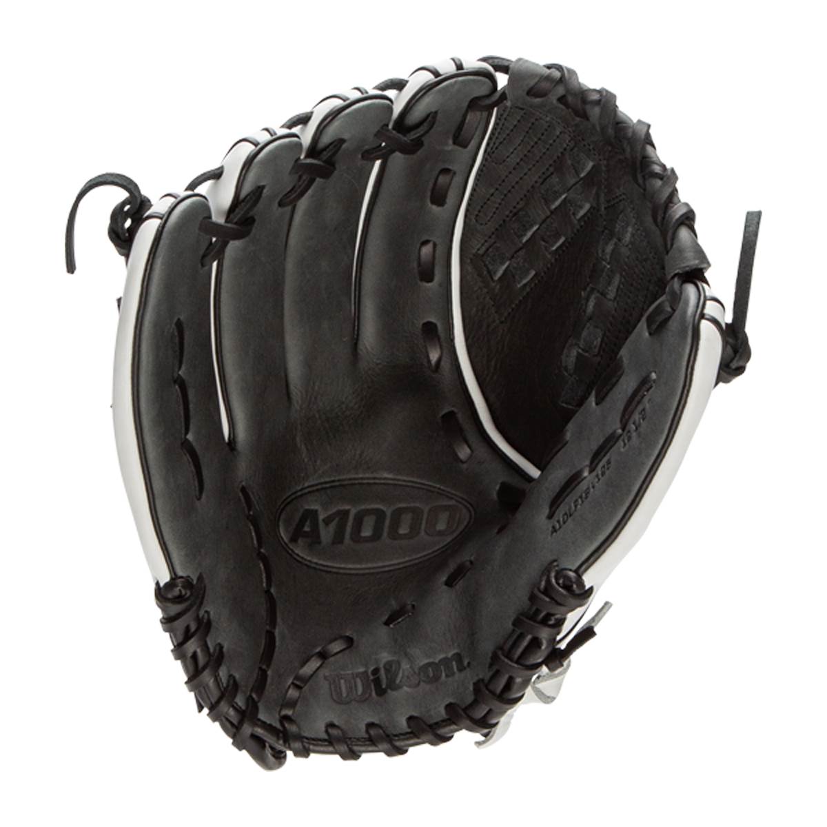 Front view of a black Wilson A1000 glove with white trim and A1000 logo.