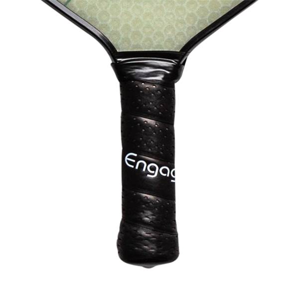 Close-up of a black pickleball paddle grip with white Engag text and textured surface.