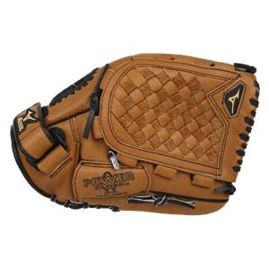 Top-down view of a brown baseball glove with a woven pocket and POWER CLOSE II text.