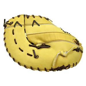 Top-down view of a yellow first base mitt with dark brown lacing and a stitched A logo.